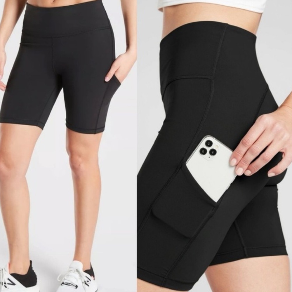 Athleta Black High-Waist Bike Shorts with Side Phone Pocket 9”